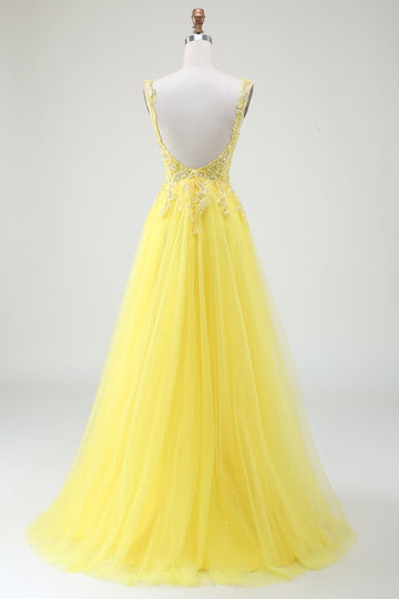 Vestido de fiesta corsé amarillo con cuentas de tul con abertura